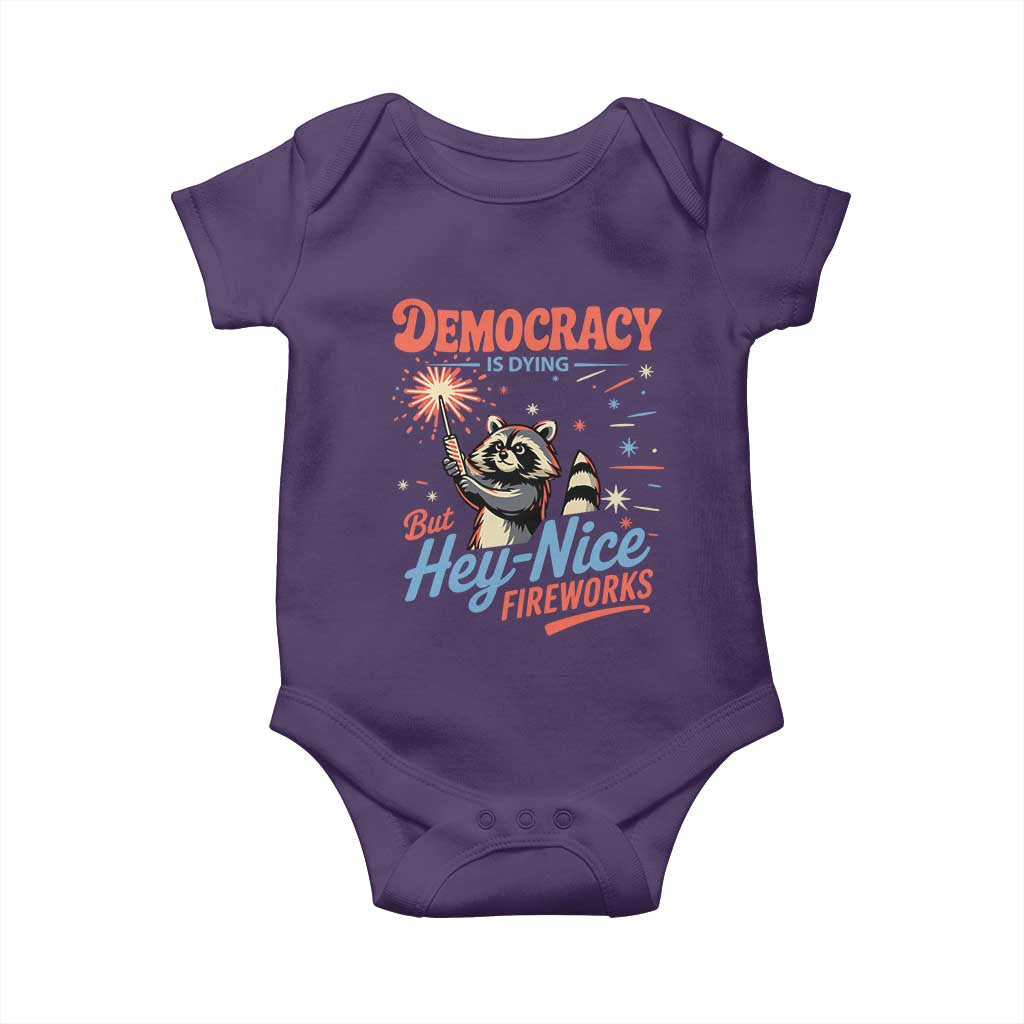 Funny Democracy Is Dying But Hey Nice Fireworks Baby Onesie Racoon 4th Of July - Wonder Print Shop