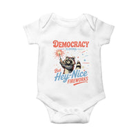 Funny Democracy Is Dying But Hey Nice Fireworks Baby Onesie Racoon 4th Of July - Wonder Print Shop