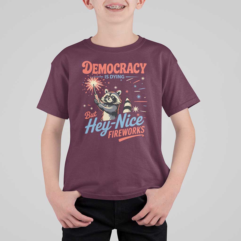 Funny Democracy Is Dying But Hey Nice Fireworks T Shirt For Kid Racoon 4th Of July - Wonder Print Shop