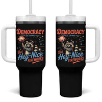 Funny Democracy Is Dying But Hey Nice Fireworks Tumbler With Handle Racoon 4th Of July - Wonder Print Shop