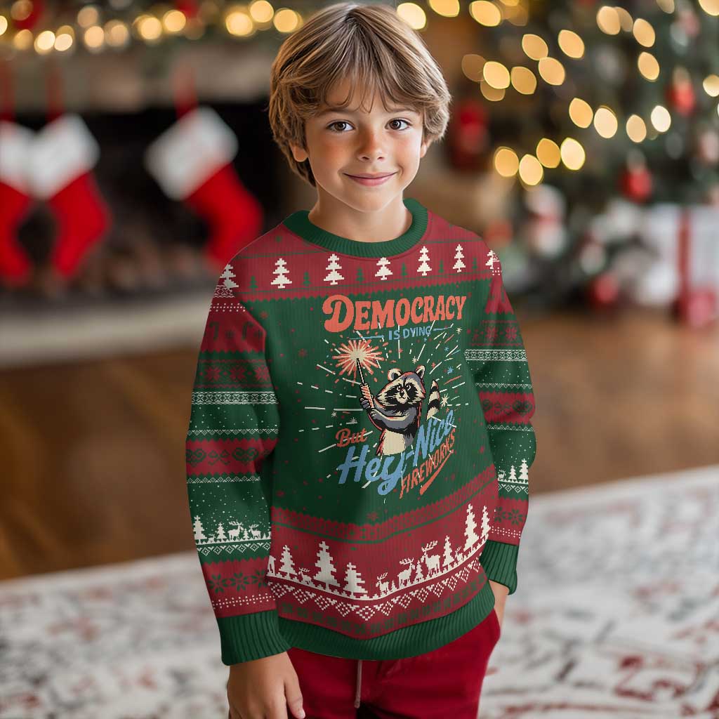 Funny Democracy Is Dying But Hey Nice Fireworks Knitted Sweatshirt Racoon 4th Of July - Wonder Print Shop
