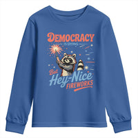 Funny Democracy Is Dying But Hey Nice Fireworks Youth Sweatshirt Racoon 4th Of July - Wonder Print Shop