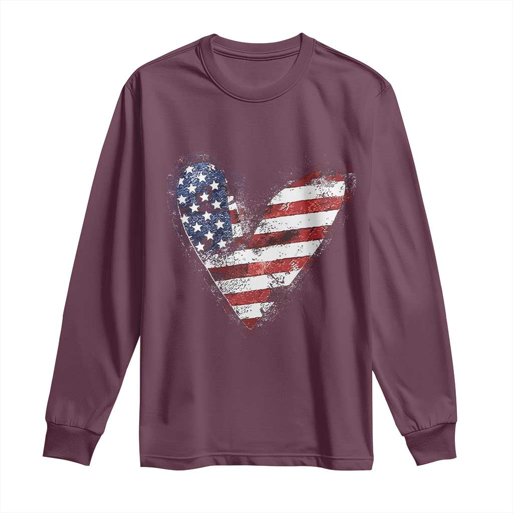 4th of July American Flag Heart USA Patriotic Long Sleeve Shirt - Wonder Print Shop