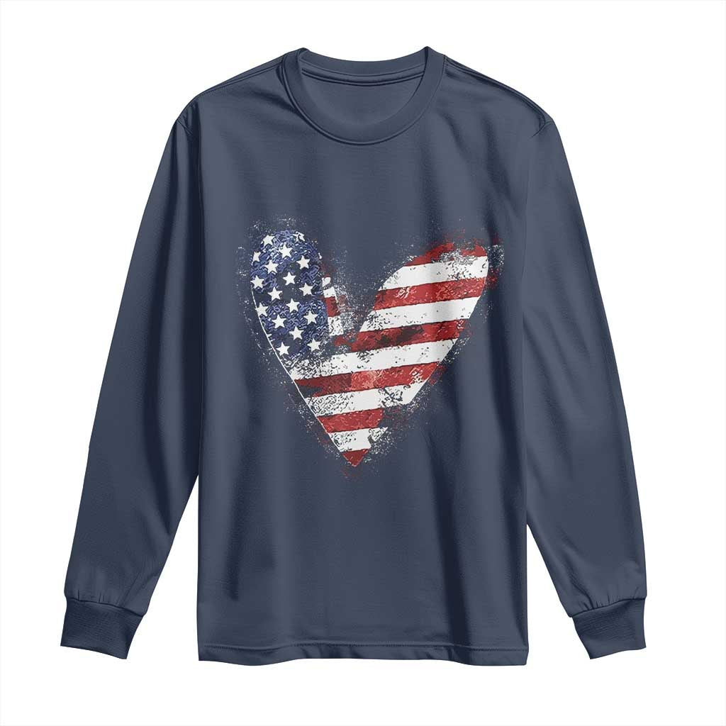4th of July American Flag Heart USA Patriotic Long Sleeve Shirt - Wonder Print Shop