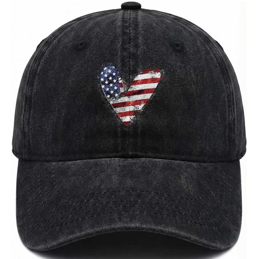 4th of July American Flag Heart USA Patriotic Washed Cotton Baseball Cap
