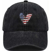 4th of July American Flag Heart USA Patriotic Washed Cotton Baseball Cap