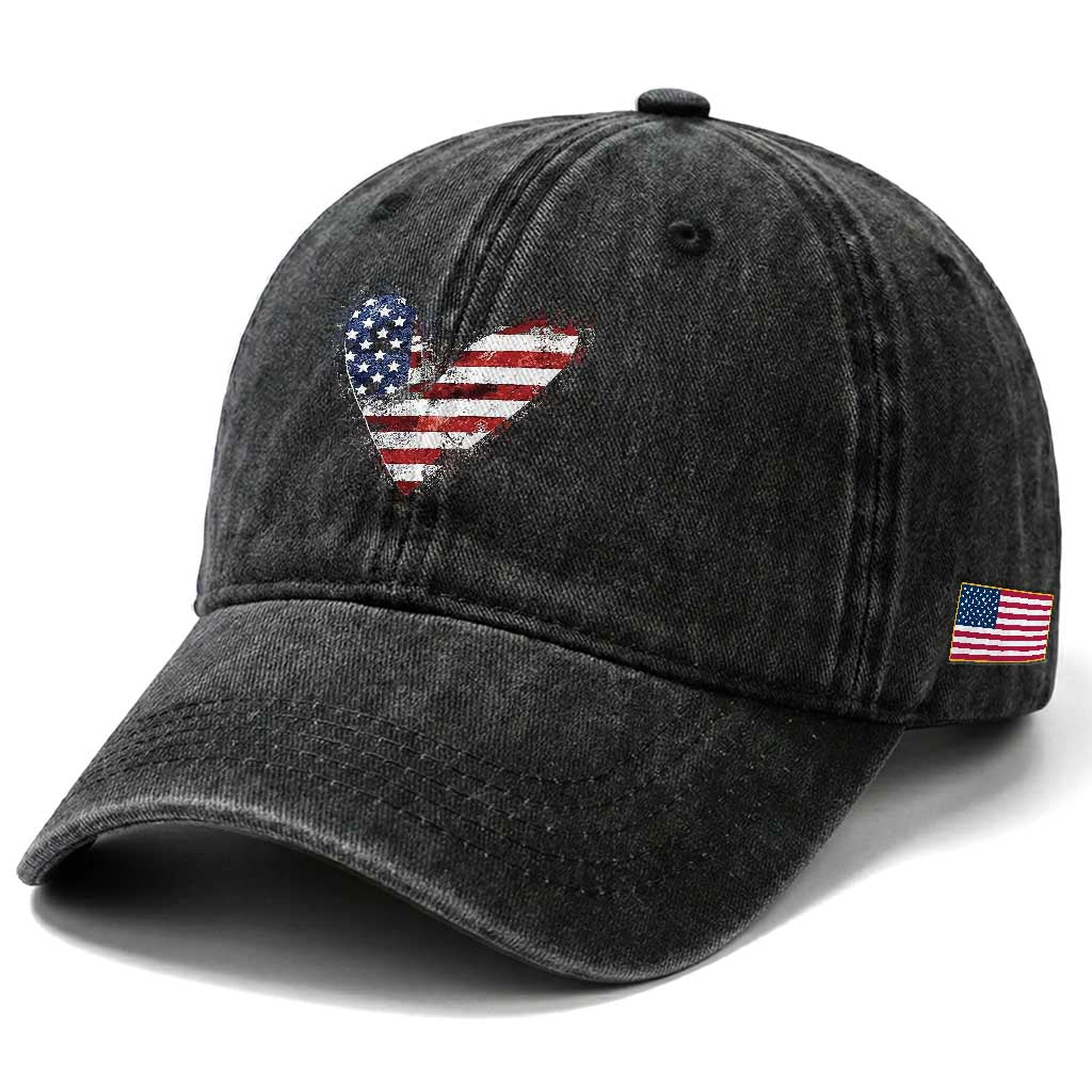 4th of July American Flag Heart USA Patriotic Washed Cotton Baseball Cap