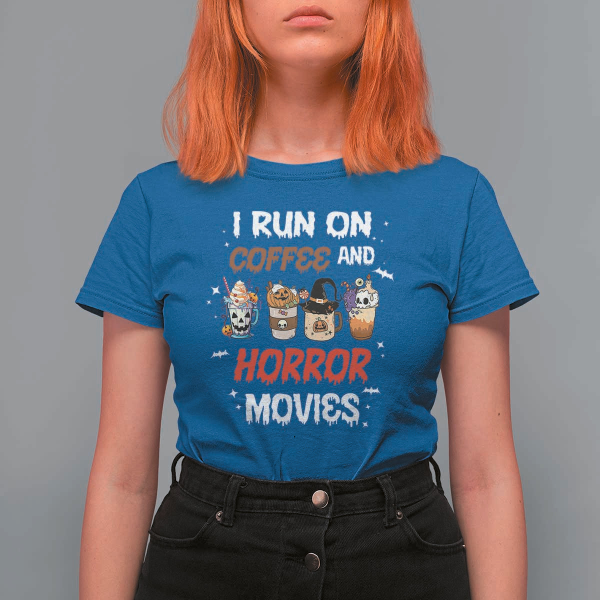 Funny Halloween T Shirt For Women I Run On Coffee And Horror Movies Pumpkin Witch Hat - Wonder Print Shop