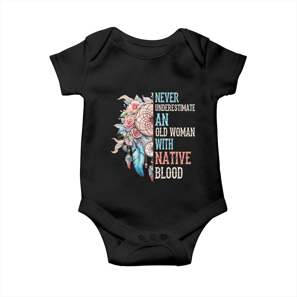 Native American Baby Onesie Never Underestimate An Old Woman With Native Blood Dreamcatcher - Wonder Print Shop