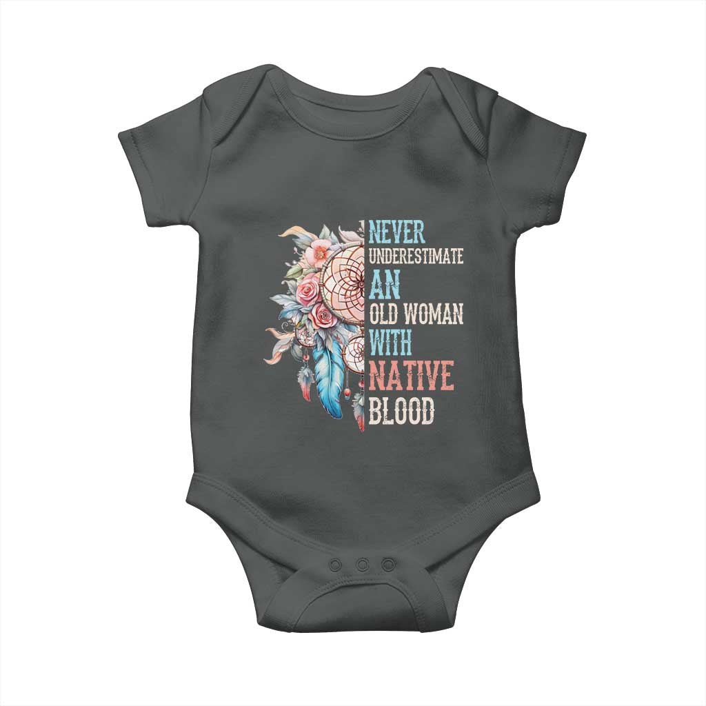 Native American Baby Onesie Never Underestimate An Old Woman With Native Blood Dreamcatcher - Wonder Print Shop