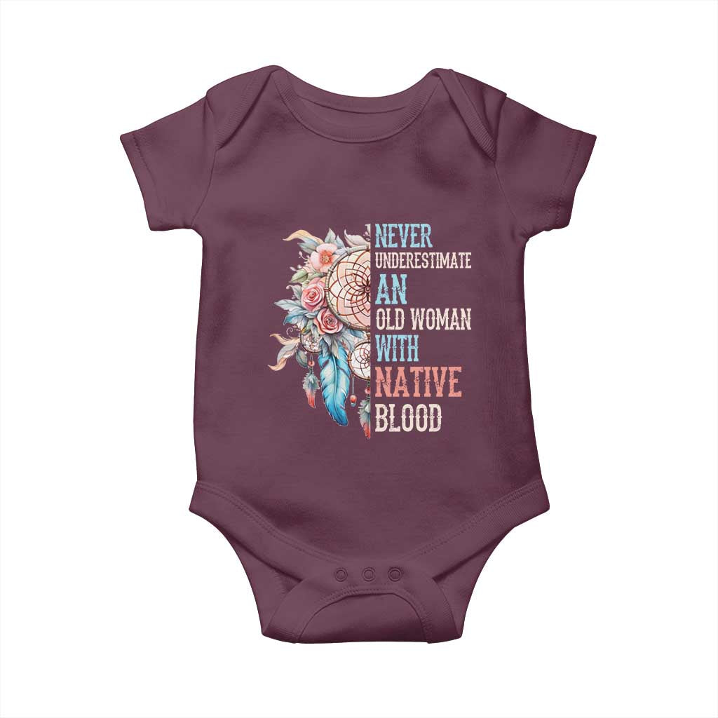 Native American Baby Onesie Never Underestimate An Old Woman With Native Blood Dreamcatcher - Wonder Print Shop