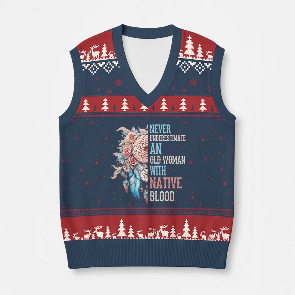 Native American V-Neck Knit Sweater Vest Never Underestimate An Old Woman With Native Blood Dreamcatcher - Wonder Print Shop