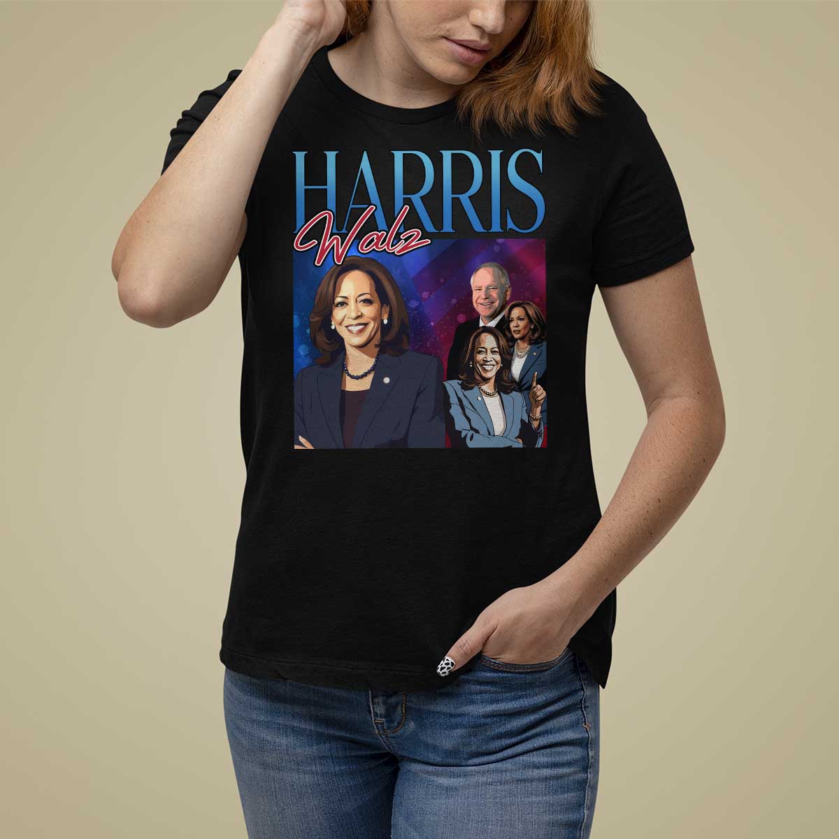 Harris Walz Supporter T Shirt For Women Presidential Election Pearls US Flag - Wonder Print Shop