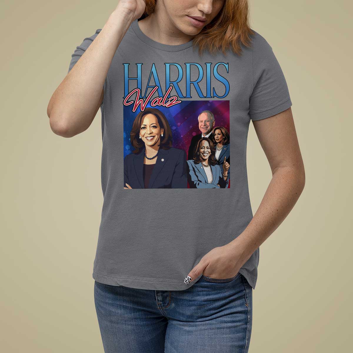 Harris Walz Supporter T Shirt For Women Presidential Election Pearls US Flag - Wonder Print Shop