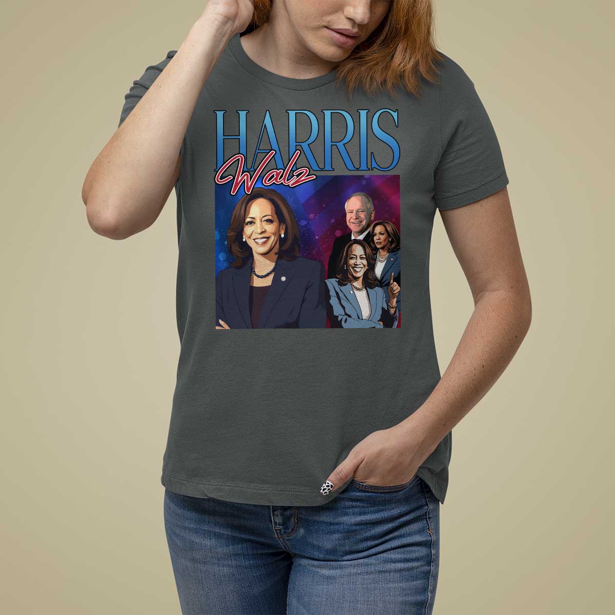 Harris Walz Supporter T Shirt For Women Presidential Election Pearls US Flag - Wonder Print Shop