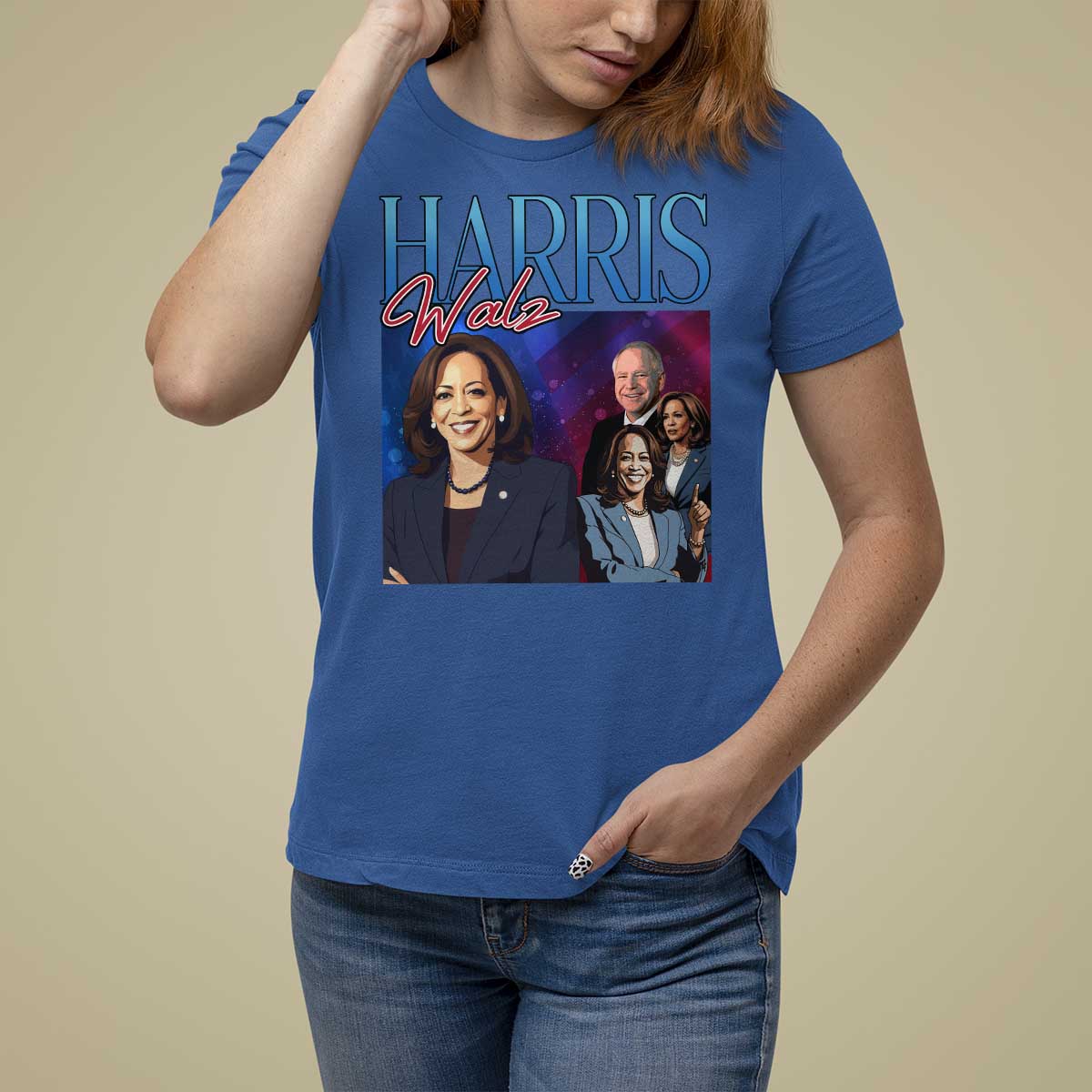 Harris Walz Supporter T Shirt For Women Presidential Election Pearls US Flag - Wonder Print Shop