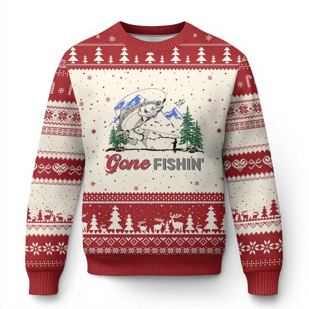 Gone Fishing Ugly Christmas Sweater Trout Fishing Lover Montane Forest - Wonder Print Shop