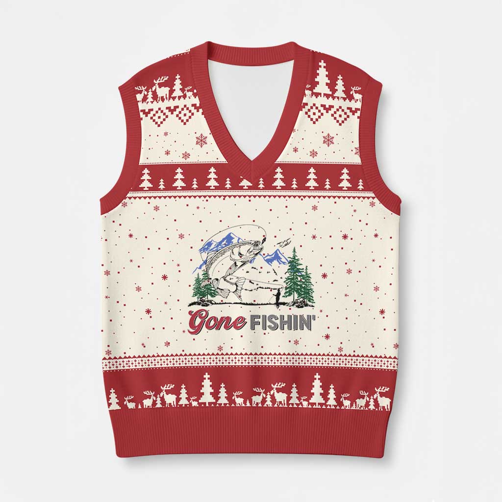 Gone Fishing V-Neck Knit Sweater Vest Trout Fishing Lover Montane Forest - Wonder Print Shop