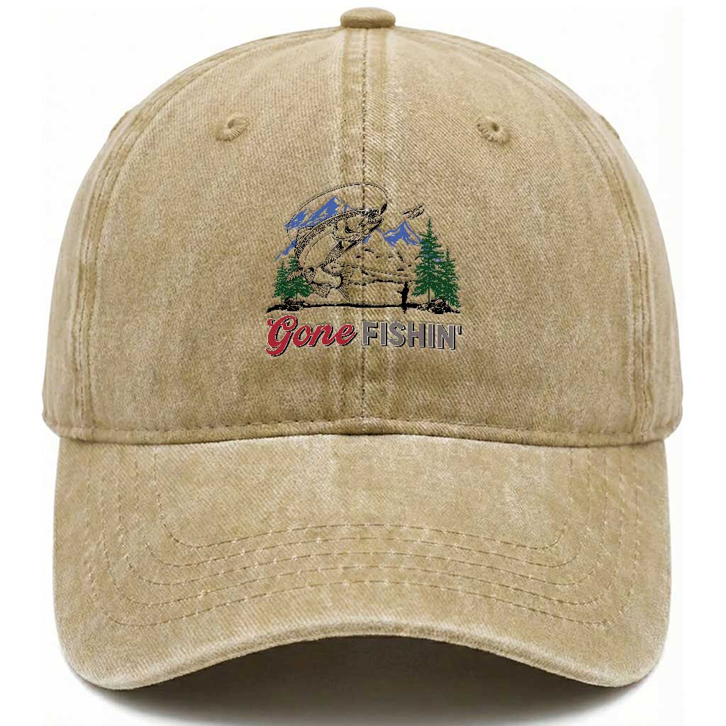 Gone Fishing Washed Cotton Baseball Cap Trout Fishing Lover Montane Forest