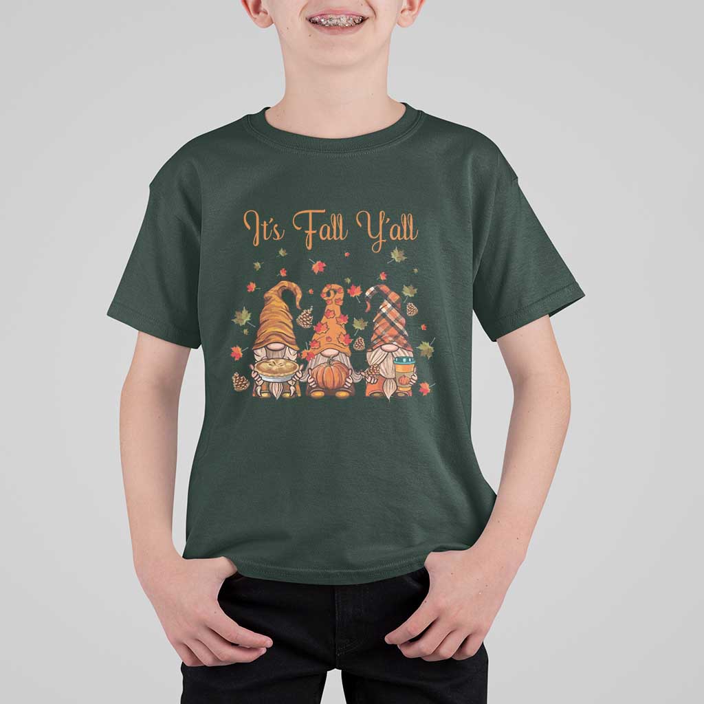 Autumn Season T Shirt For Kid It's Fall Y'all Gnomies Thanksgiving Maple Leaf - Wonder Print Shop