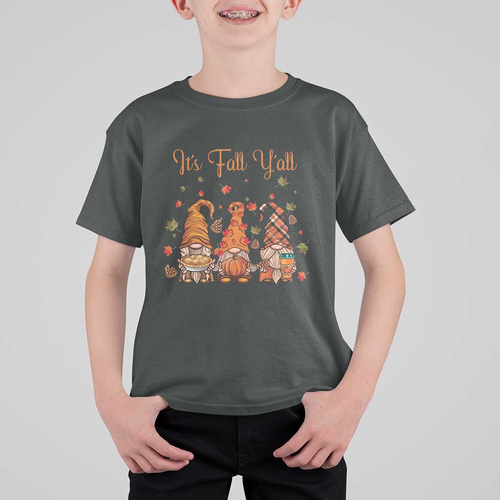 Autumn Season T Shirt For Kid It's Fall Y'all Gnomies Thanksgiving Maple Leaf - Wonder Print Shop