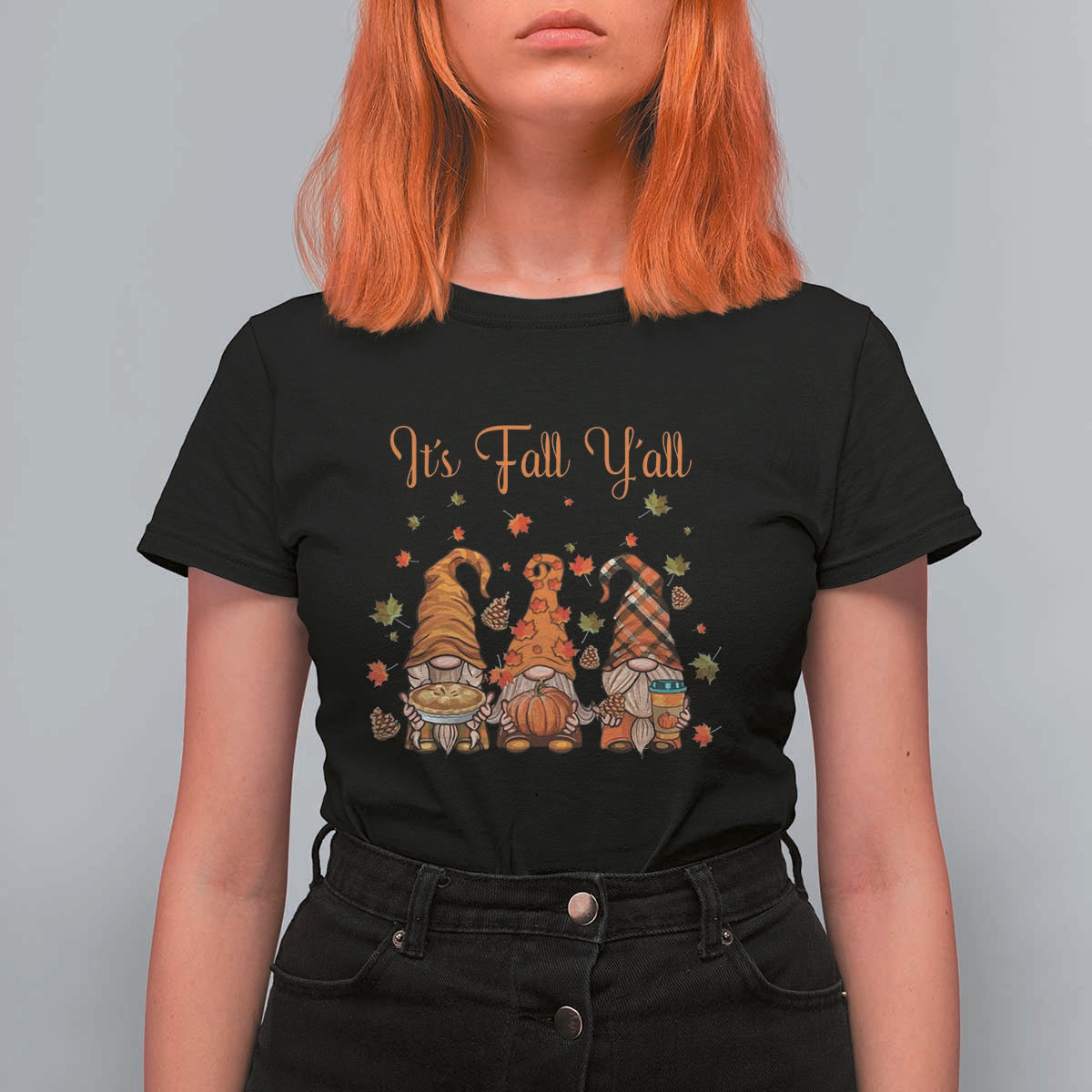 Autumn Season T Shirt For Women It's Fall Y'all Gnomies Thanksgiving Maple Leaf - Wonder Print Shop