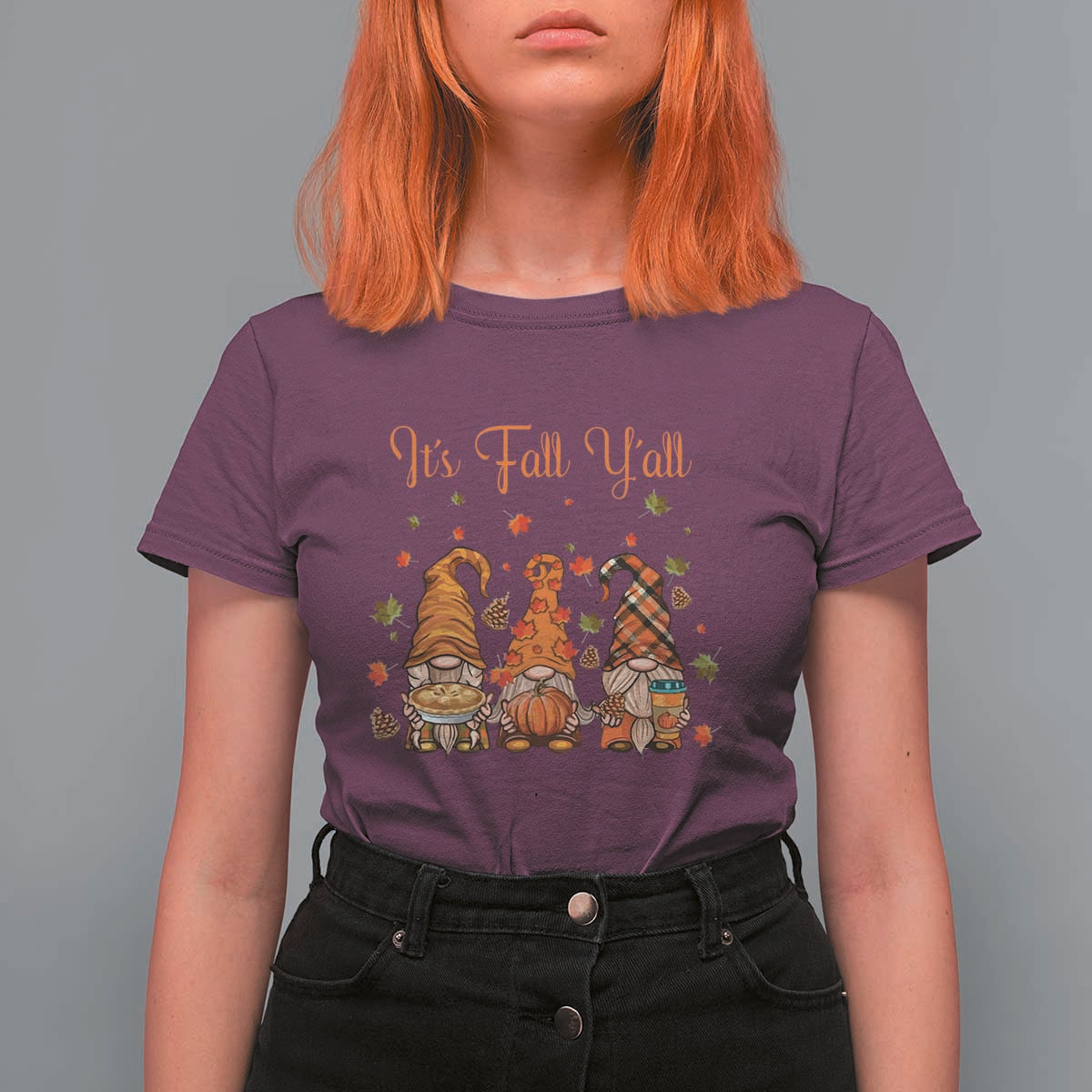 Autumn Season T Shirt For Women It's Fall Y'all Gnomies Thanksgiving Maple Leaf - Wonder Print Shop