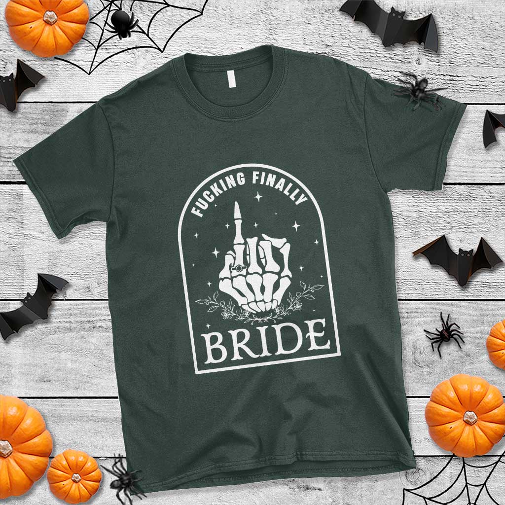 Funny Wedding Halloween T Shirt Fucking Finally Bride Skeleton Rings Bachelorette Party - Wonder Print Shop