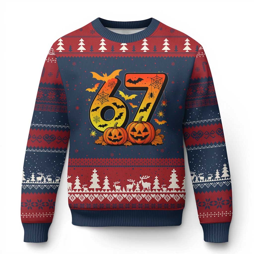 Funny 67 Halloween Ugly Christmas Sweater Spooky Six Seven Meme Gen Alpha Slang - Wonder Print Shop