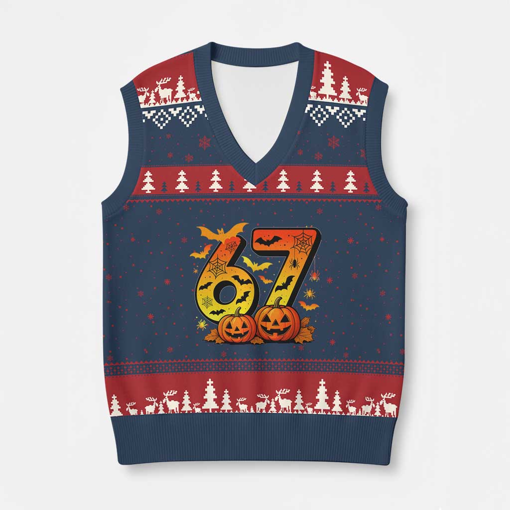 Funny 67 Halloween V-Neck Knit Sweater Vest Spooky Six Seven Meme Gen Alpha Slang - Wonder Print Shop
