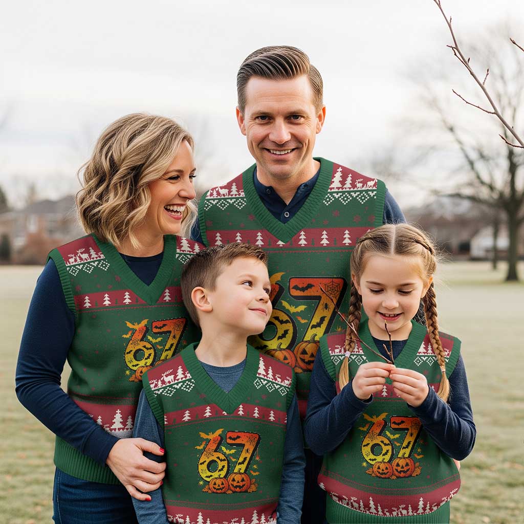 Funny 67 Halloween V-Neck Knit Sweater Vest Spooky Six Seven Meme Gen Alpha Slang - Wonder Print Shop