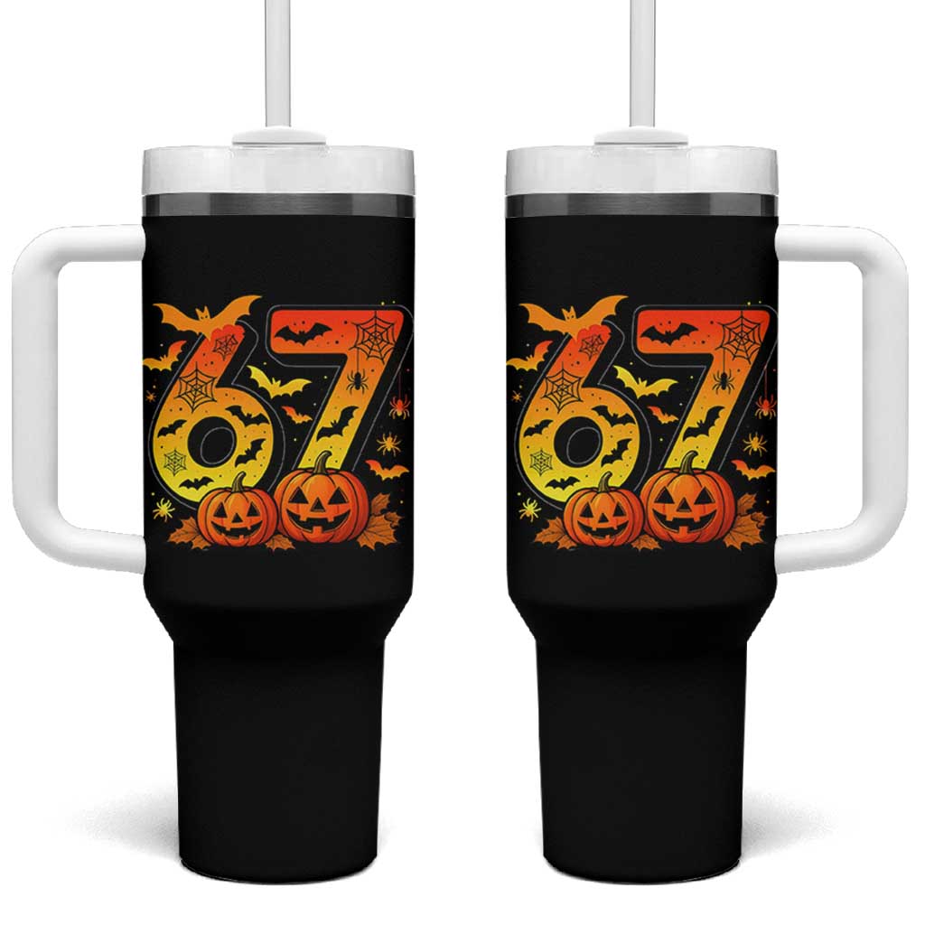 Funny 67 Halloween Tumbler With Handle Spooky Six Seven Meme Gen Alpha Slang - Wonder Print Shop