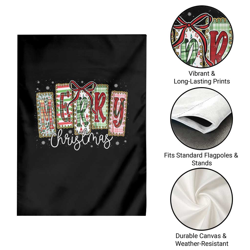Merry Christmas Coquette Xmas Faux Glitter Gingham Tartan Doodle Garden Flag - Wonder Print Shop