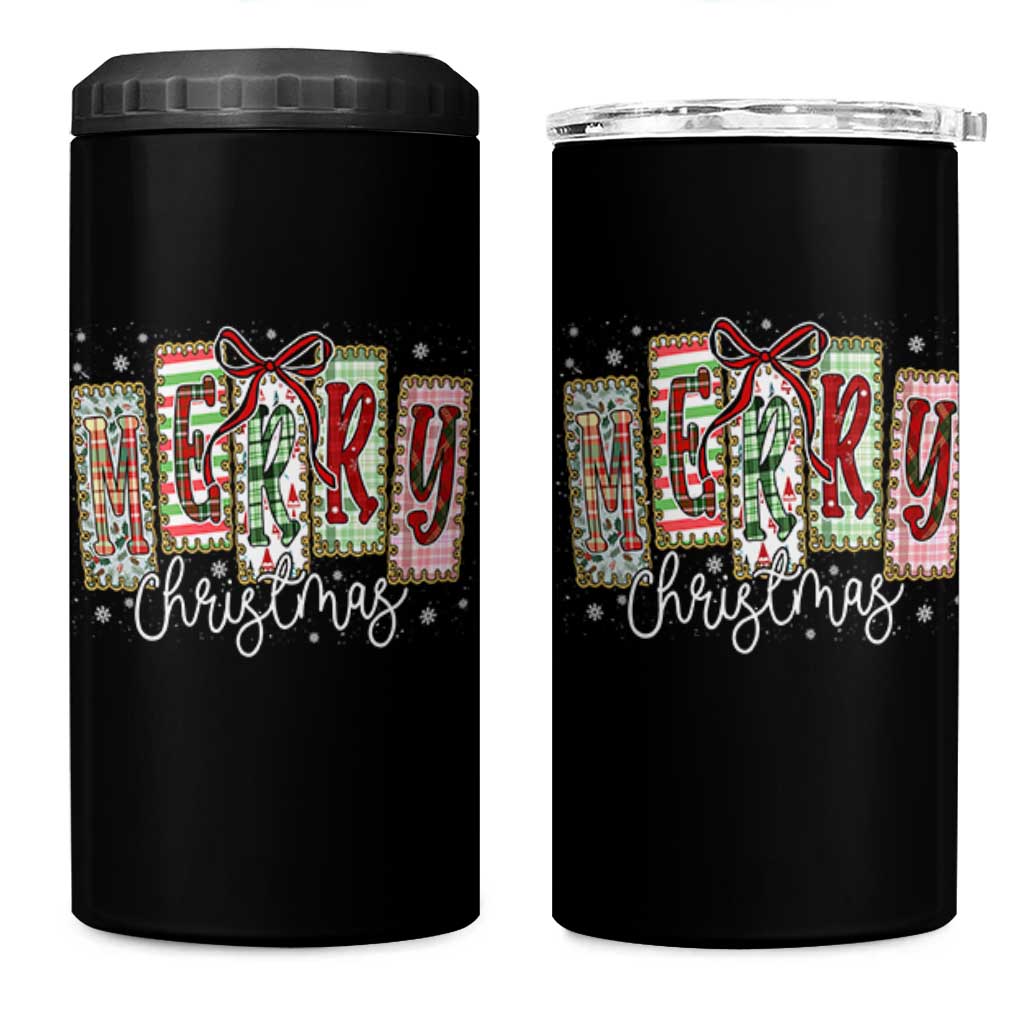Merry Christmas Coquette Xmas Faux Glitter Gingham Tartan Doodle 4 in 1 Can Cooler Tumbler - Wonder Print Shop