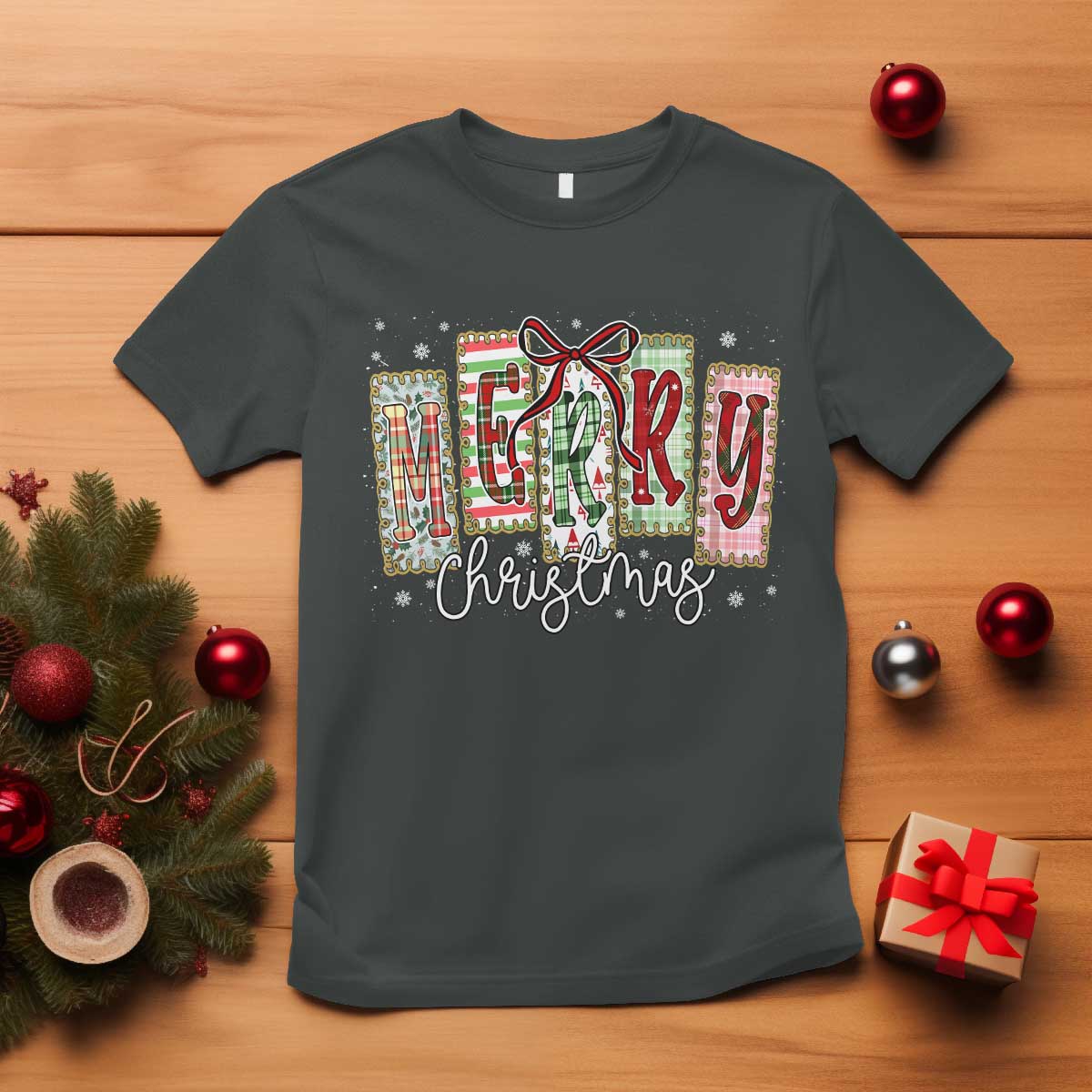 Merry Christmas Coquette Xmas Faux Glitter Gingham Tartan Doodle T Shirt - Wonder Print Shop