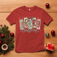 Merry Christmas Coquette Xmas Faux Glitter Gingham Tartan Doodle T Shirt - Wonder Print Shop