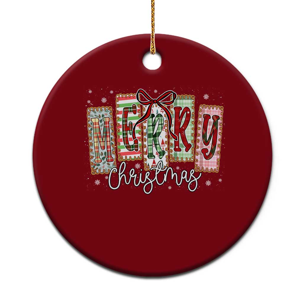 Merry Xmas Coquette Xmas Faux Glitter Gingham Tartan Doodle Ceramic Ornament - Wonder Print Shop