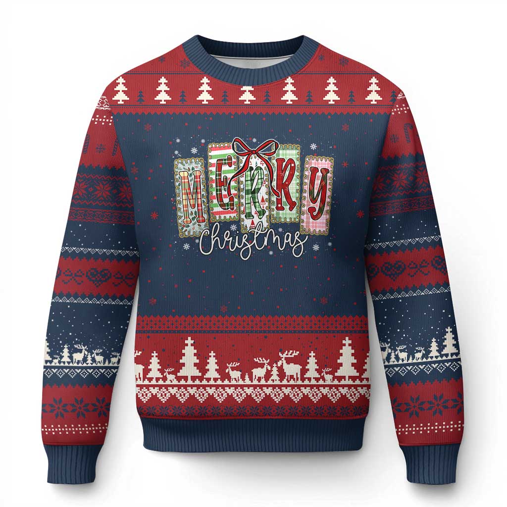 Merry Xmas Coquette Xmas Faux Glitter Gingham Tartan Doodle Ugly Christmas Sweater - Wonder Print Shop