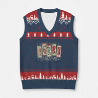 Merry Xmas Coquette Xmas Faux Glitter Gingham Tartan Doodle V-Neck Knit Sweater Vest - Wonder Print Shop