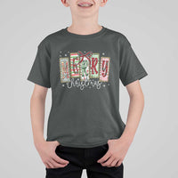 Merry Christmas Coquette Xmas Faux Glitter Gingham Tartan Doodle T Shirt For Kid - Wonder Print Shop