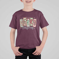 Merry Christmas Coquette Xmas Faux Glitter Gingham Tartan Doodle T Shirt For Kid - Wonder Print Shop