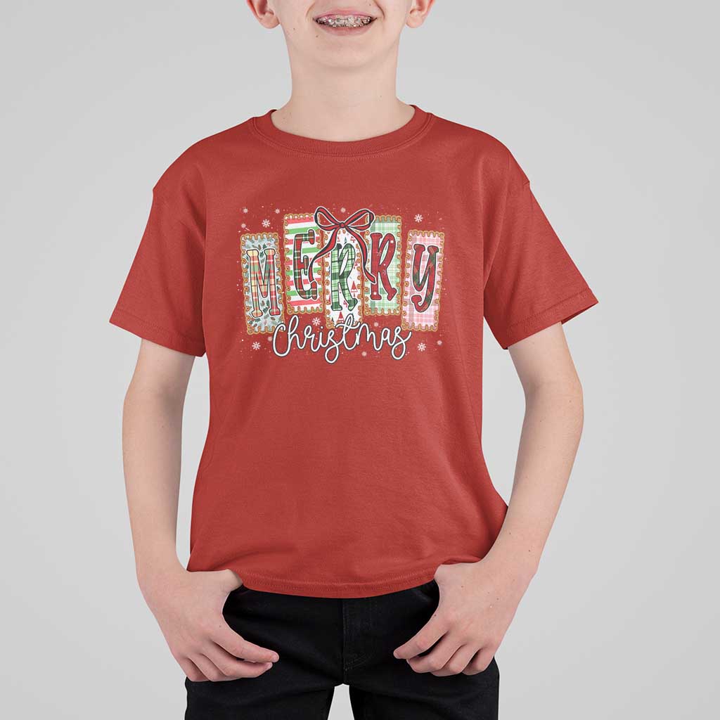 Merry Christmas Coquette Xmas Faux Glitter Gingham Tartan Doodle T Shirt For Kid - Wonder Print Shop