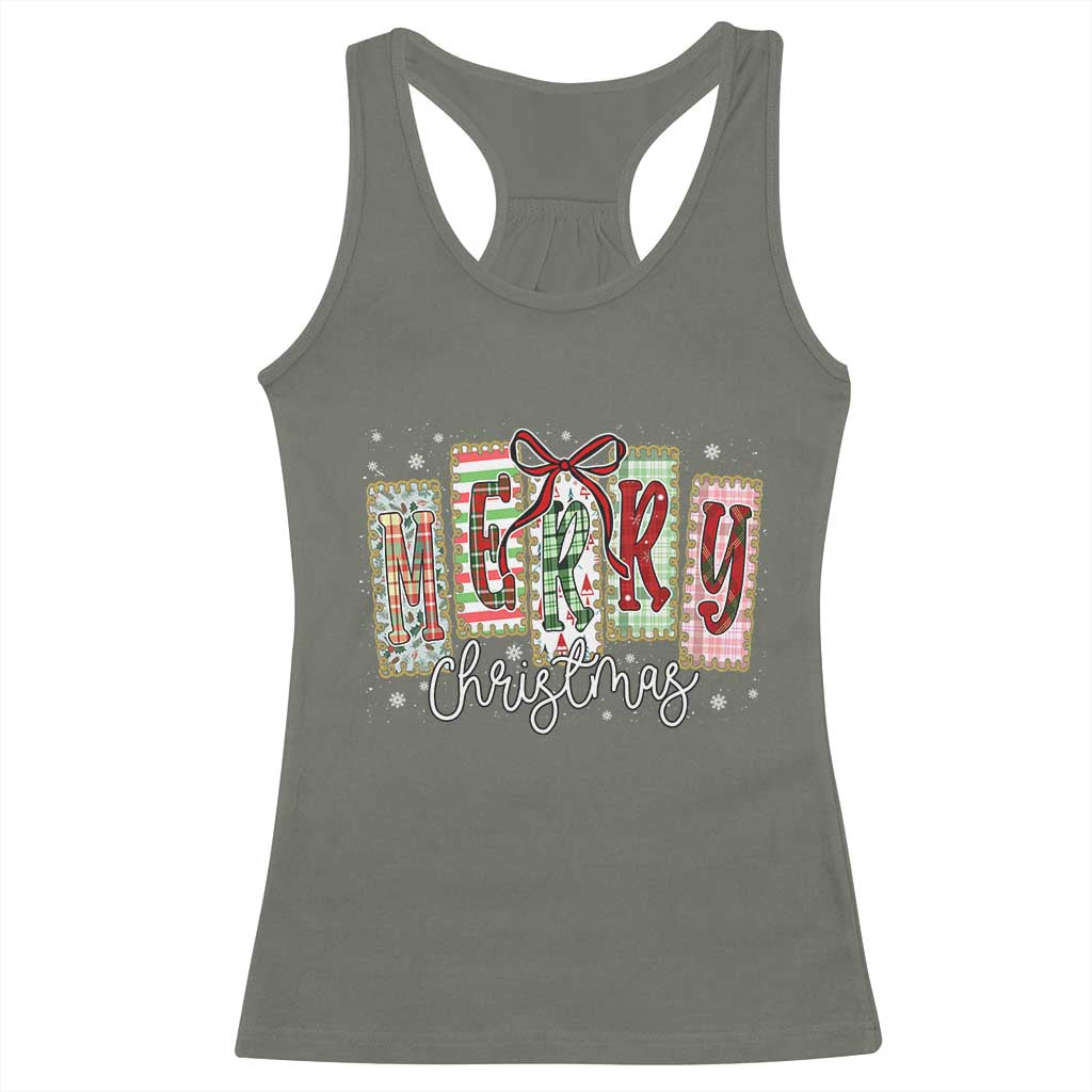 Merry Christmas Coquette Xmas Faux Glitter Gingham Tartan Doodle Racerback Tank Top - Wonder Print Shop