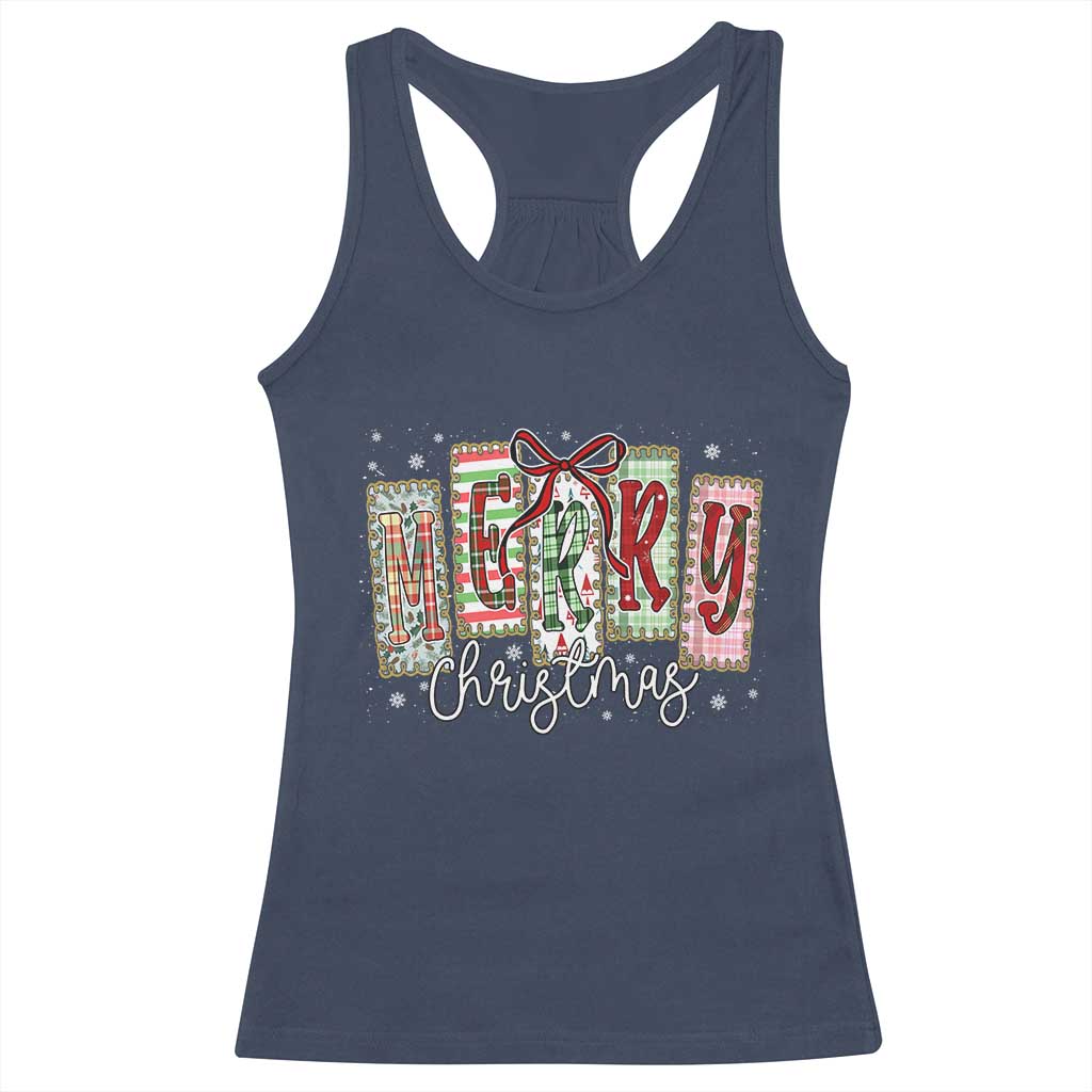 Merry Christmas Coquette Xmas Faux Glitter Gingham Tartan Doodle Racerback Tank Top - Wonder Print Shop