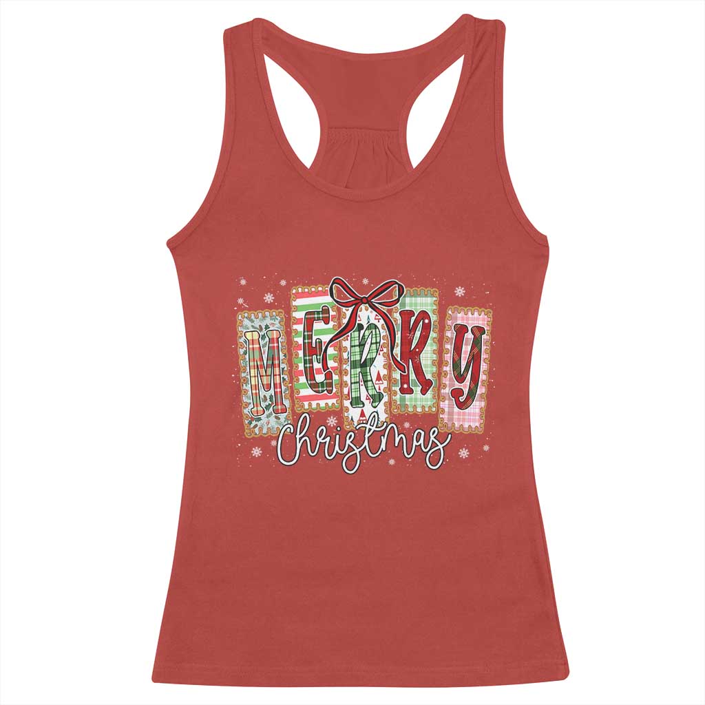 Merry Christmas Coquette Xmas Faux Glitter Gingham Tartan Doodle Racerback Tank Top - Wonder Print Shop