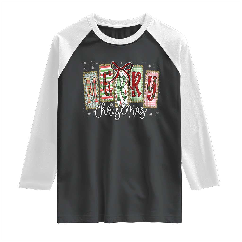 Merry Christmas Coquette Xmas Faux Glitter Gingham Tartan Doodle Raglan Shirt - Wonder Print Shop