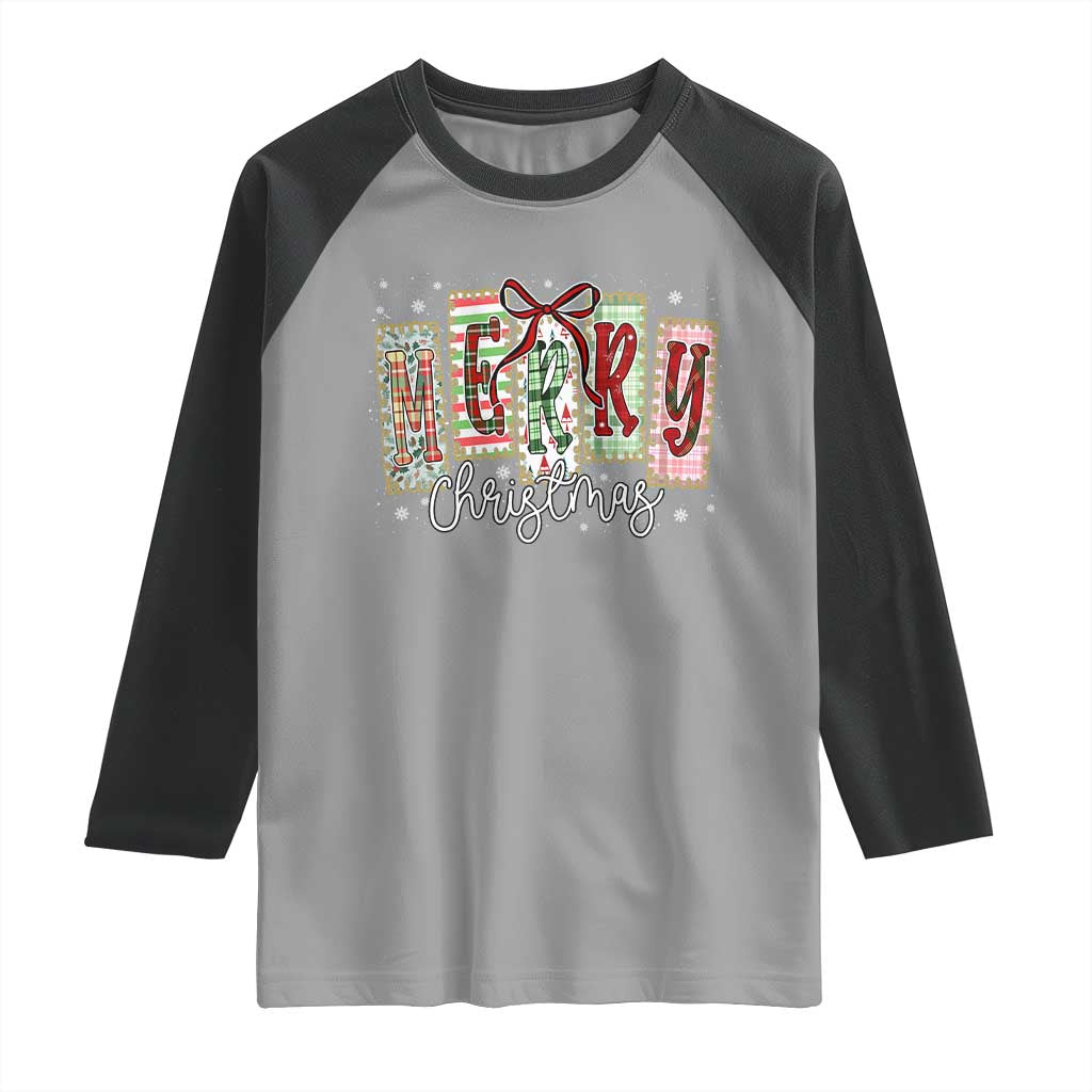 Merry Christmas Coquette Xmas Faux Glitter Gingham Tartan Doodle Raglan Shirt - Wonder Print Shop