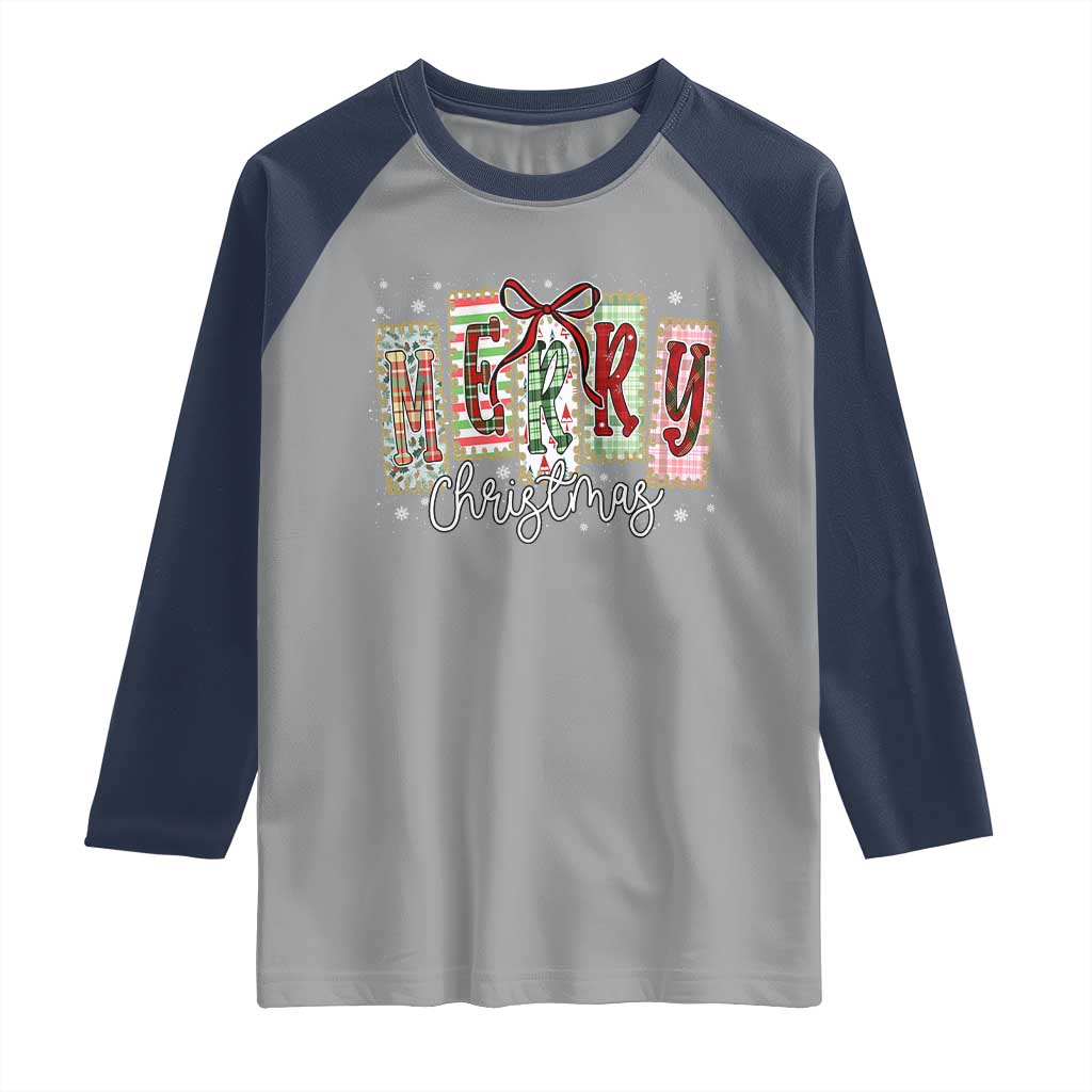 Merry Christmas Coquette Xmas Faux Glitter Gingham Tartan Doodle Raglan Shirt - Wonder Print Shop