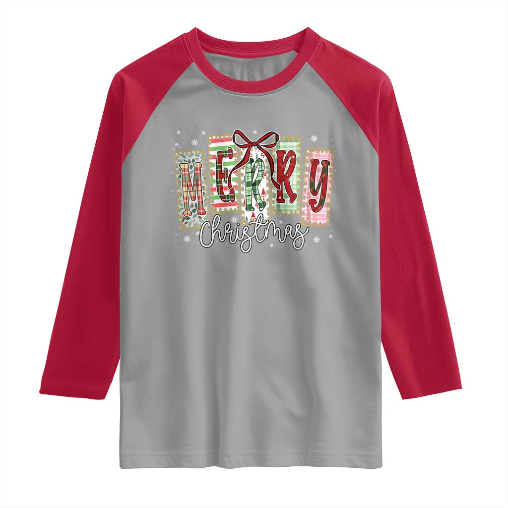Merry Christmas Coquette Xmas Faux Glitter Gingham Tartan Doodle Raglan Shirt - Wonder Print Shop