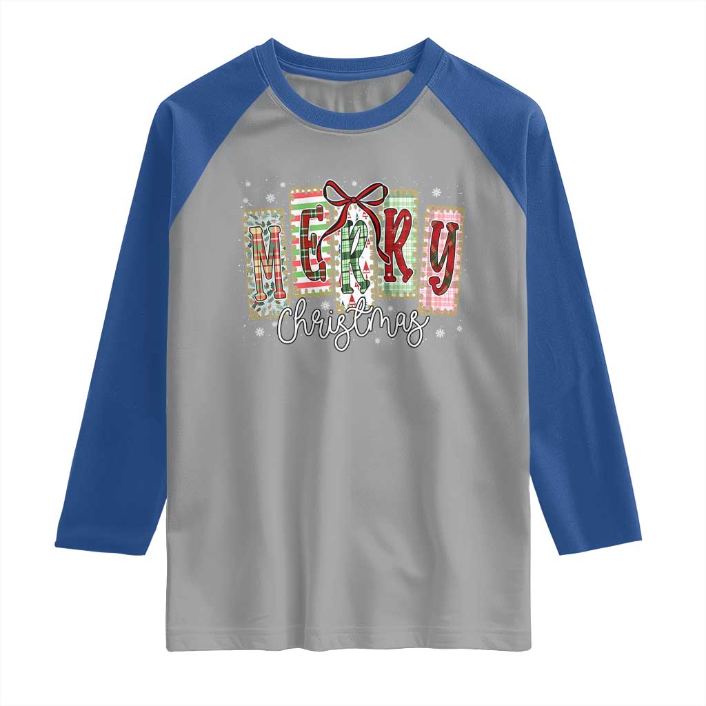 Merry Christmas Coquette Xmas Faux Glitter Gingham Tartan Doodle Raglan Shirt - Wonder Print Shop